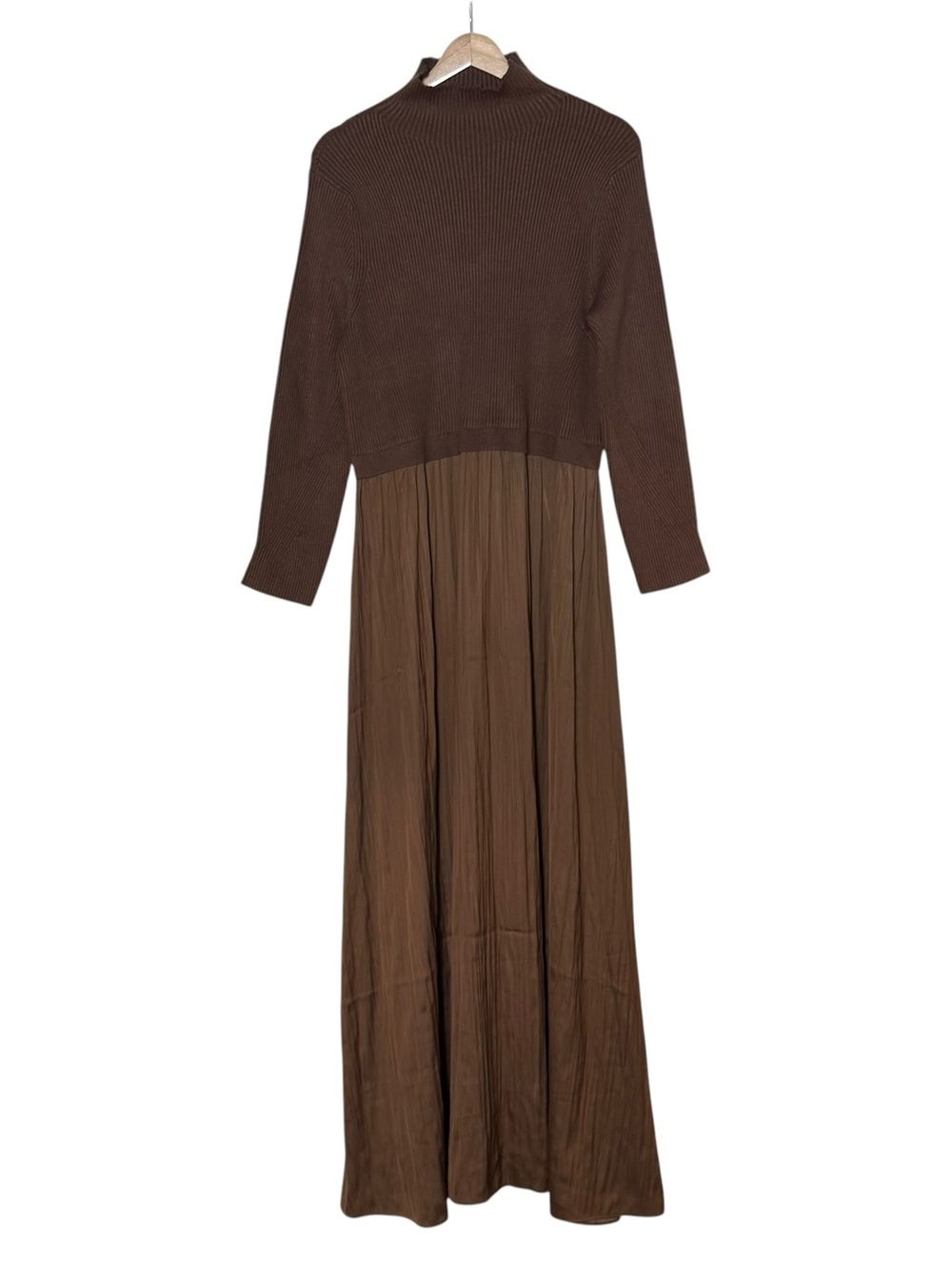 Anthropologie Twofer Knit Ribbed Satin Pleated Maxi Dress Size 2X Brown - Picture 3 of 14